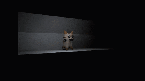 a white cat with big eyes is sitting on a shelf in a dark room