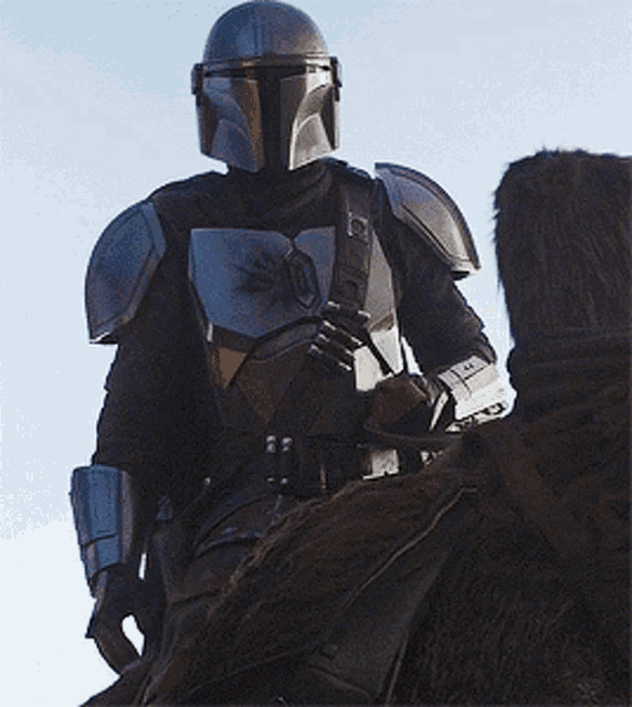 a man in armor is riding on the back of a brown horse