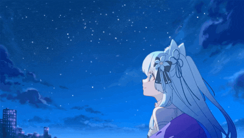 a girl with blue hair looks up at the stars