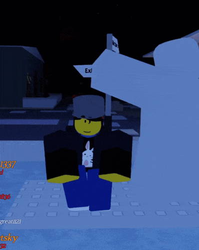 a cartoon character is standing in front of a sign which says exit