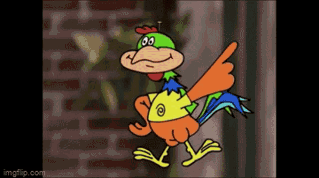 a cartoon of a rooster wearing a yellow shirt and a green cape