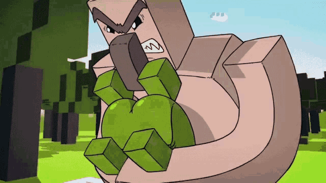 a cartoon drawing of a man holding a green cube