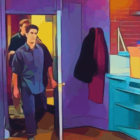 a man in a blue shirt is walking into a room