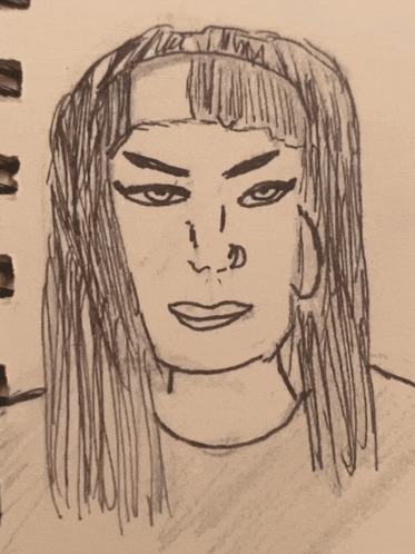 a black and white drawing of a woman with long hair and a nose ring
