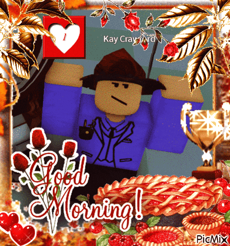 a picture of a roblox character that says good morning on it