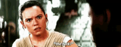 a woman is talking to a man and says `` the fuck ? ''