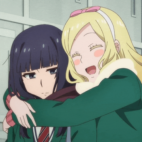 two anime girls are hugging each other and one has a headband on her head