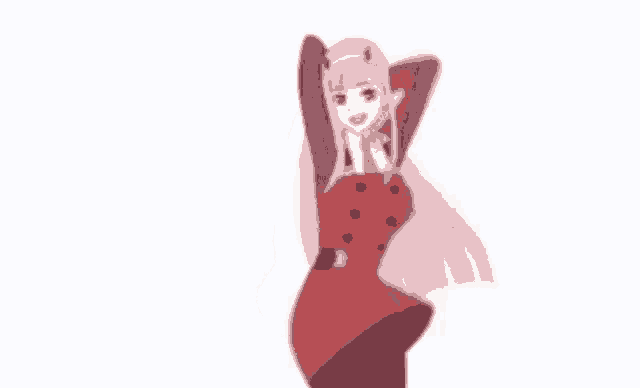 a girl in a red dress is dancing with her hands in the air .