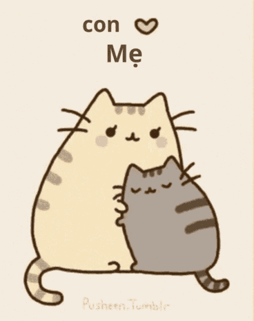 a cartoon of a cat hugging another cat with the words con me written on the bottom