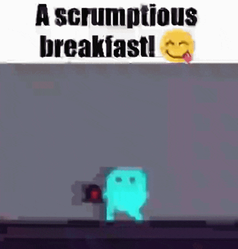 a pixelated image with the words `` a scrumptious breakfast ! '' and a smiley face .