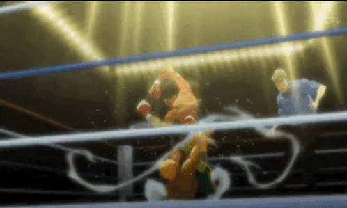 two men are boxing in a ring with a referee in the background .