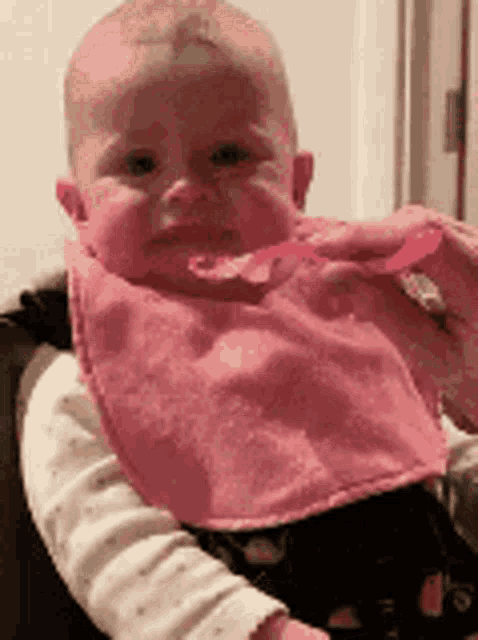 a baby wearing a pink bib is being held in a stroller .