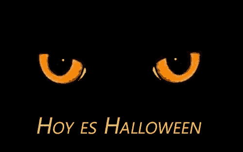 a black background with orange eyes and the words hoy es halloween in yellow