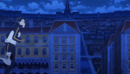 a man with a bandage on his leg is running in front of a large building
