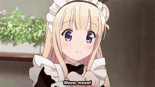 a blonde anime girl in a maid costume is making a heart with her hands .