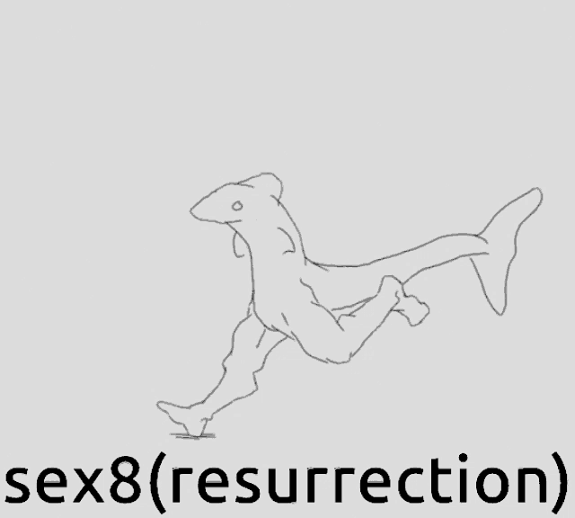 a drawing of a shark with the words sex8 resurrection below it