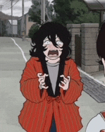 a cartoon character with black hair and a red jacket is standing on a street .
