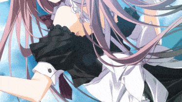 a girl with long pink hair is wearing a black dress and white apron