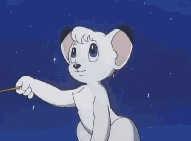 a cartoon of a white lion holding a stick in front of a blue sky
