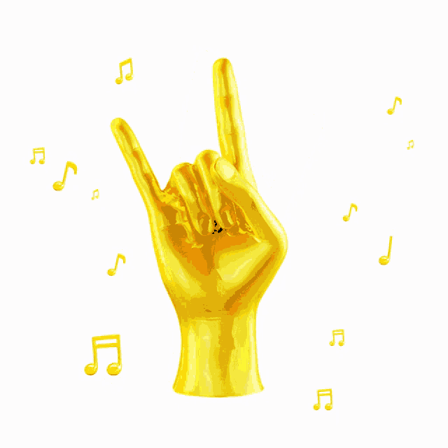 a yellow hand is making a rock and roll sign with music notes surrounding it