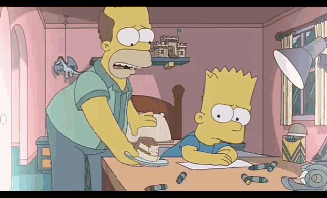 bart simpson and homer simpson in a room with a castle on the shelf