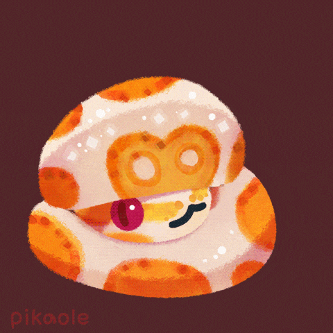 a drawing of a snake with a red eye and a question mark next to it