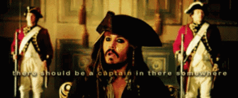 a man in a pirate hat is standing in front of two soldiers with the words there should be a captain in there somewhere