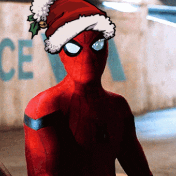 a spider-man wearing a santa hat is standing in front of a wall that says police
