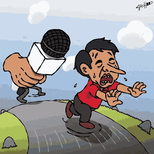 a cartoon of a man being chased by a hand holding a microphone with the name tachid on the bottom right