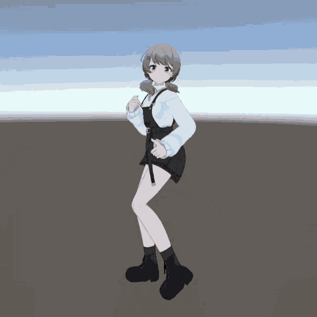 a 3d model of a girl in overalls and black shoes