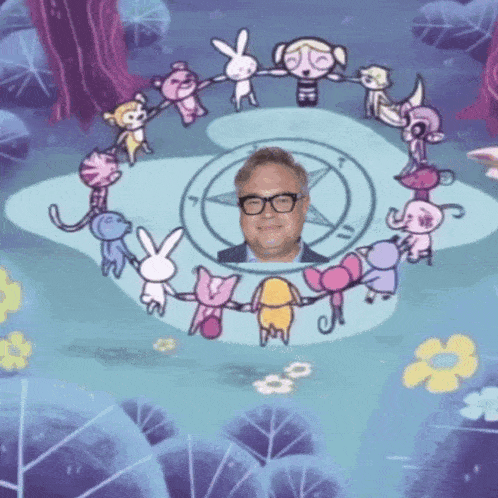a man in glasses is surrounded by cartoon characters