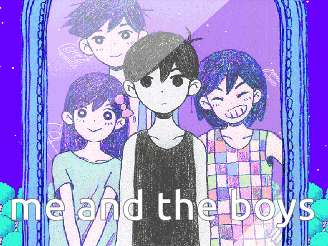 a group of anime characters standing next to each other with the words " me and the boys " written below them