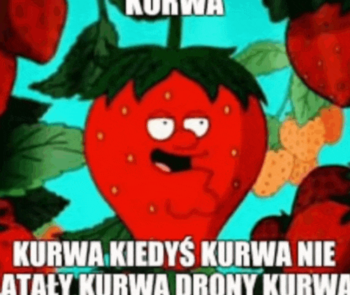 a cartoon strawberry with a face is surrounded by strawberries and a caption .