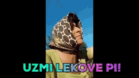a woman wearing a scarf around her head says uzmi lekove pi !