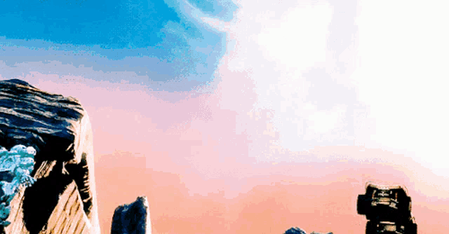 a computer generated image of a rocky landscape with a pink sky