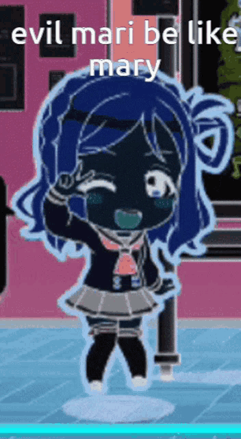 a drawing of a girl with blue hair and the words " evil mari be like mary "