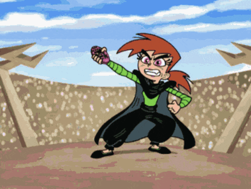 a cartoon girl with red hair and green sleeves is holding a donut in her hand