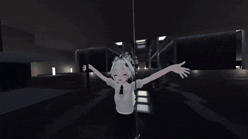 a girl in a white shirt and black skirt is standing in front of a large gray object