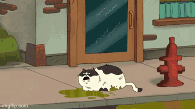 a cartoon cat laying on the sidewalk next to a red fire hydrant