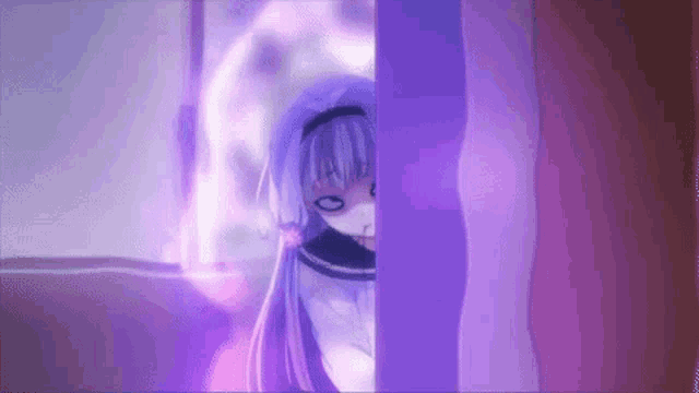 a girl with purple hair is peeking out of a purple doorway .