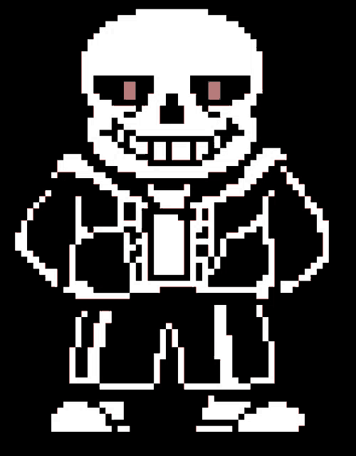 a pixel art of a skeleton with red eyes and a black background .