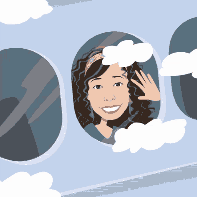 a cartoon of a woman looking out a plane window