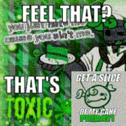 a cartoon of a man holding a slice of cake with the words feel that that 's toxic