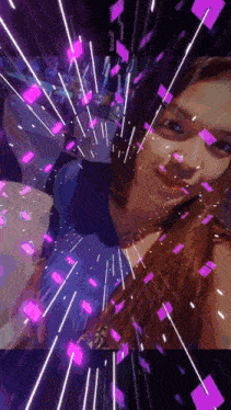 a woman in a blue shirt is surrounded by purple and white squares