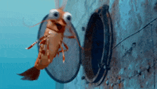 a cartoon lobster is sticking its head out of a hole in the wall .
