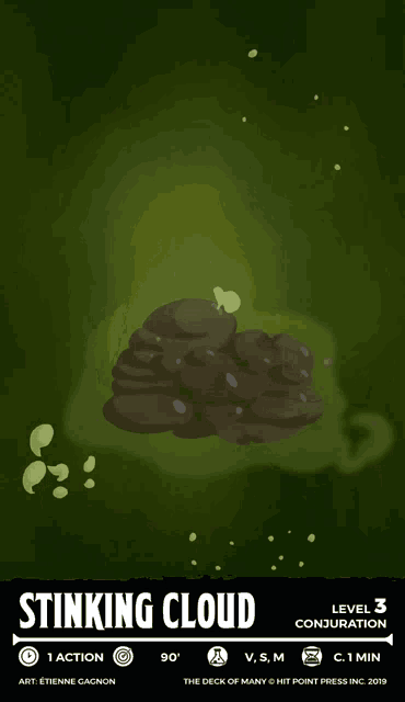 a poster for stinking cloud level 3 conjuration with a picture of a pile of dirt