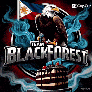 an eagle holding a microphone in front of a cake that says blackforest