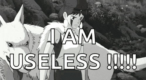 a black and white cartoon of a girl and a wolf with the words `` i am useless '' written on it .