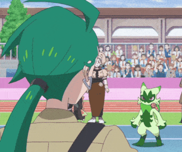a cartoon character with green hair stands on a track in front of a crowd
