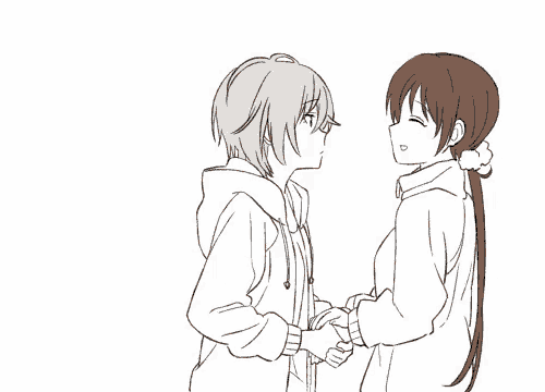 a black and white drawing of two anime characters holding hands